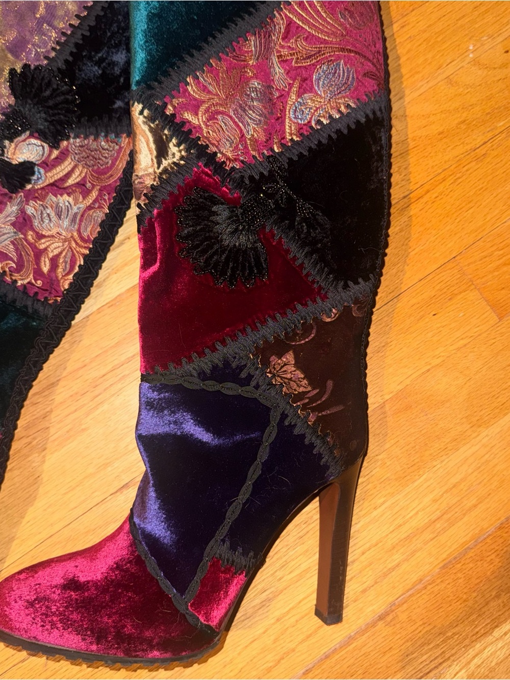 RARE! Ralph Lauren Remmy Boots Purple Label  Silk Velvet Patchwork Sz 39 8.5 - Picture 5 of 7